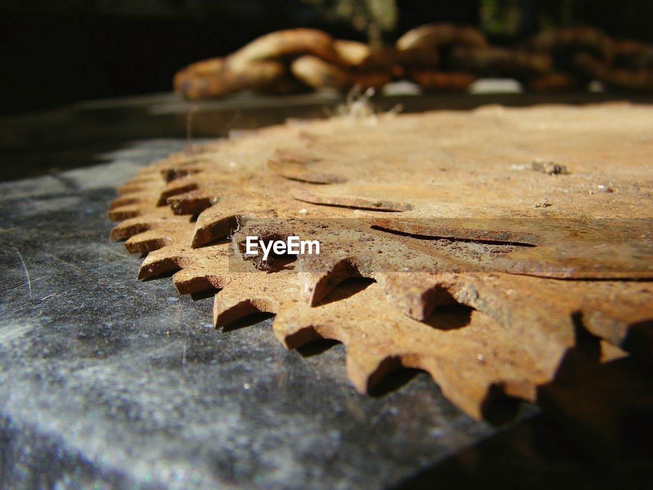 Close-up of rusty metal on wood