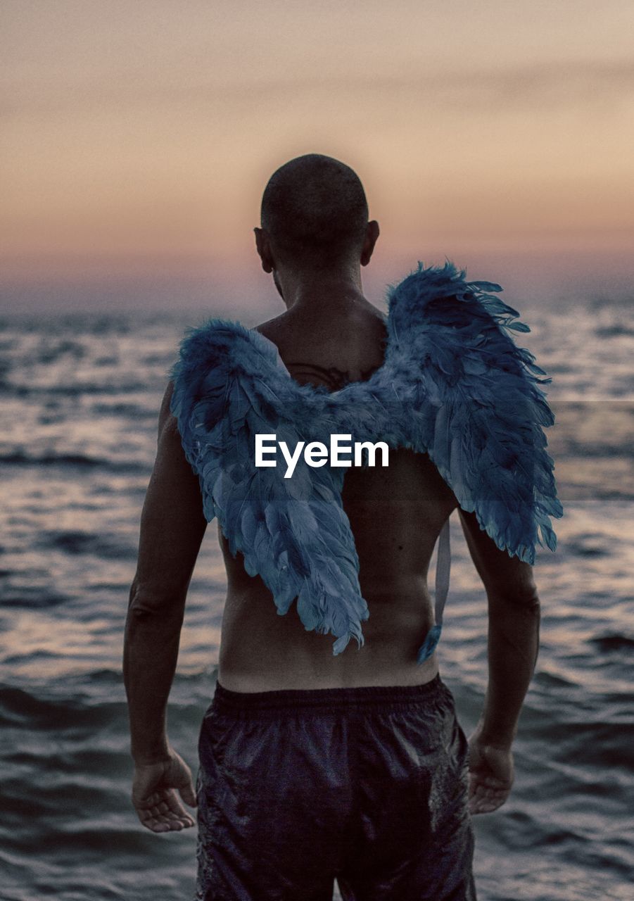 Rear view of shirtless man with costume wings in sea against sky