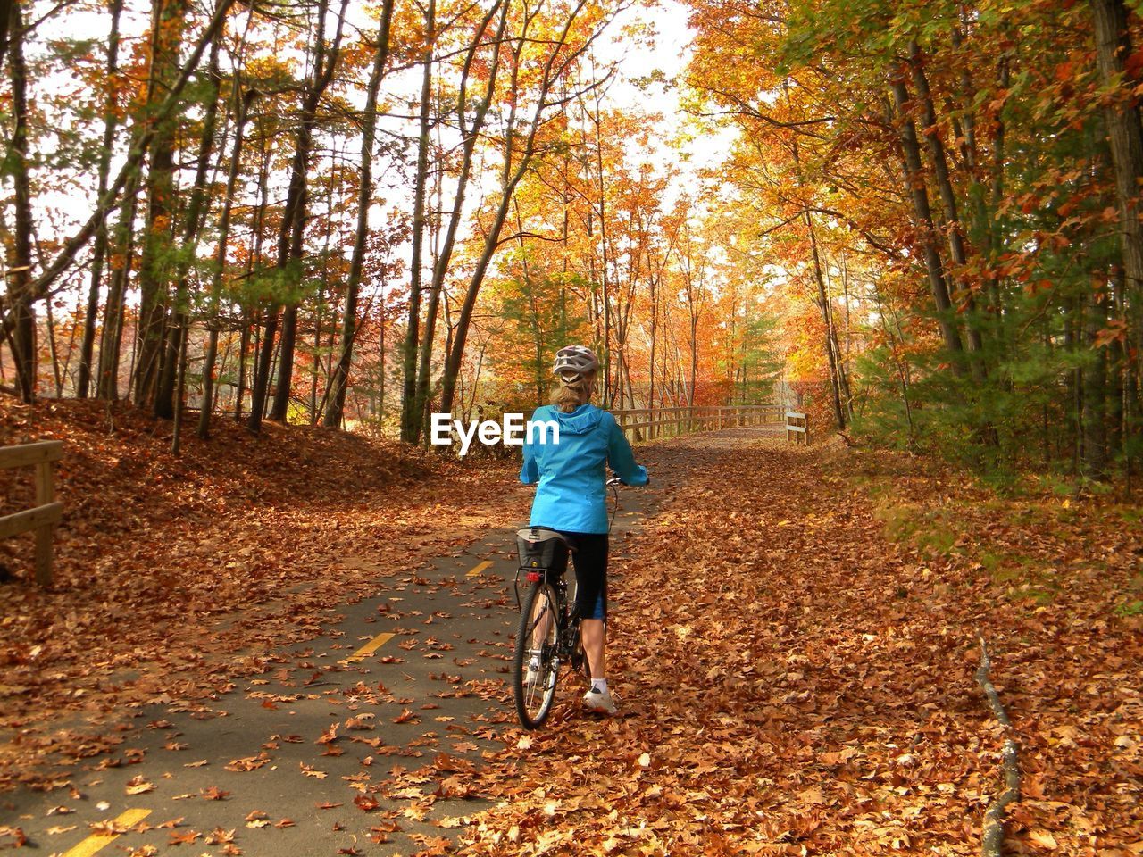 Full length rear view of senior woman cycling in forest during autumn