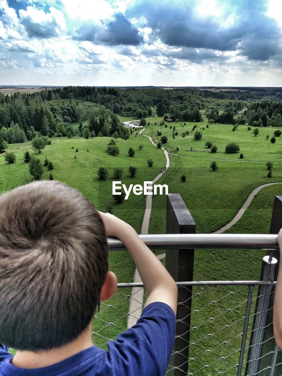 Rear view of boy at observation point against green landscape