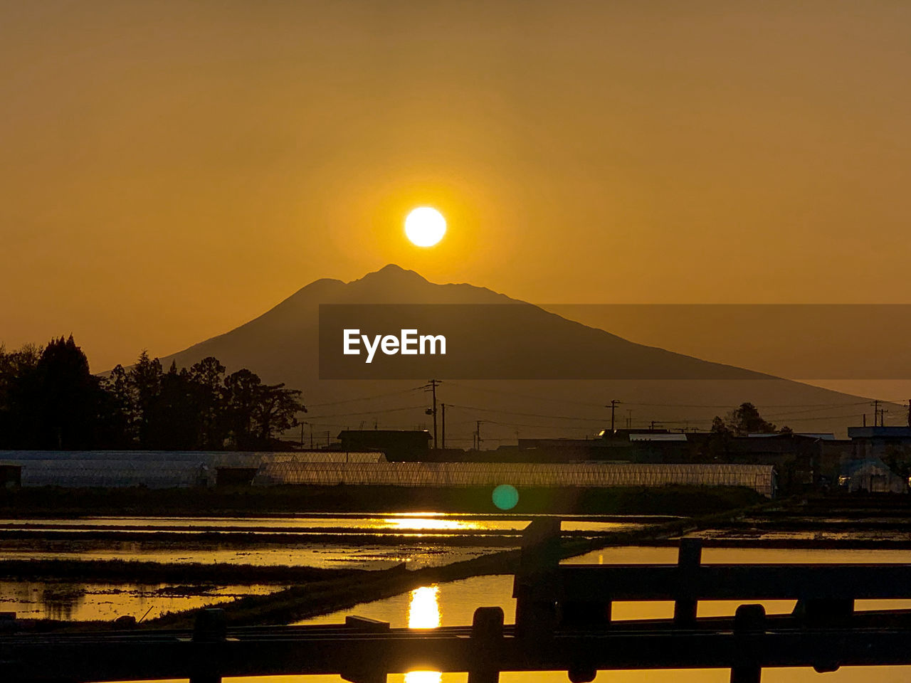 The setting sun sets on mt. iwaki and the rice fields shine