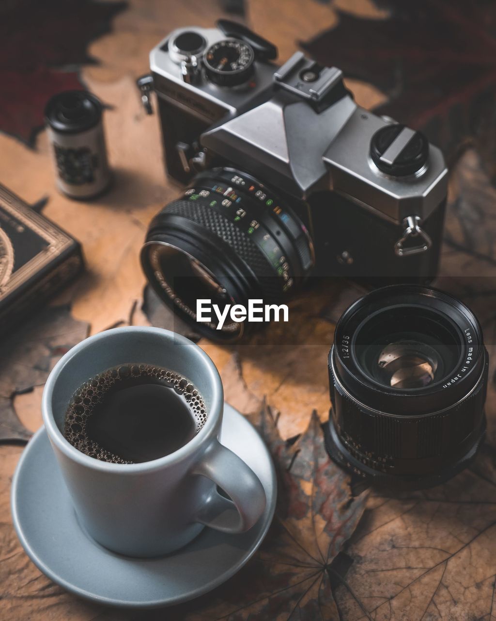 High angle view of coffee cup on table