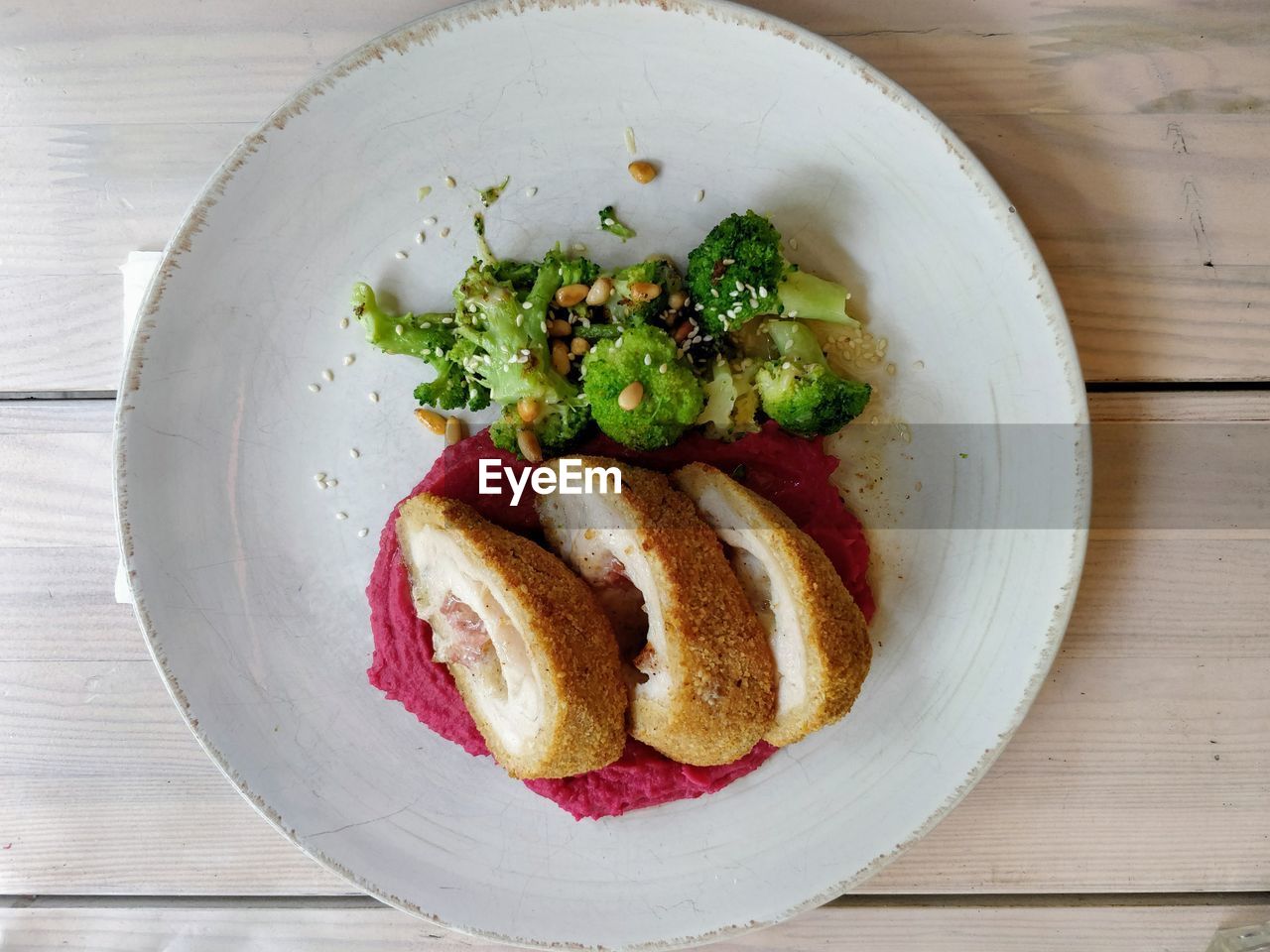 Directly above shot of food in plate on table