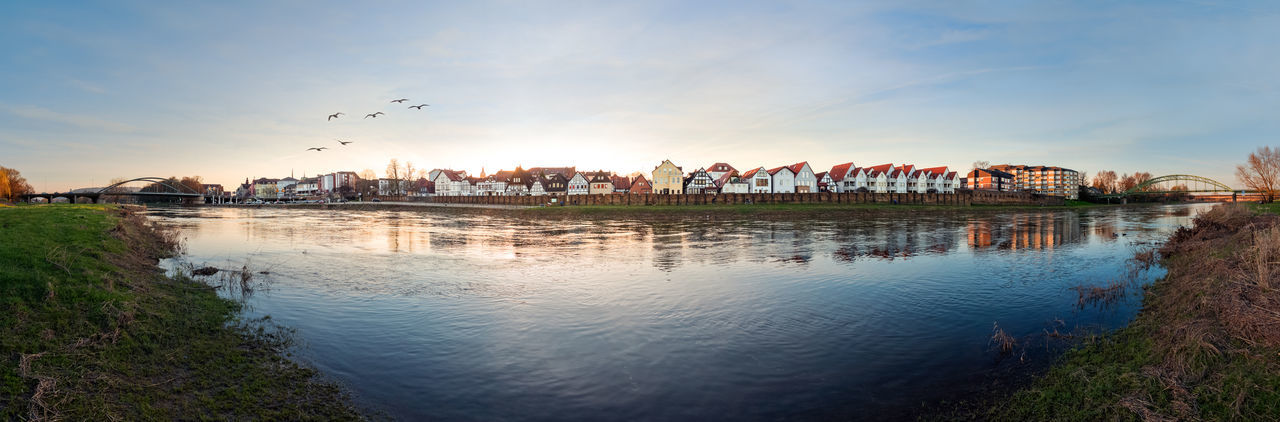 CITY BY RIVER AGAINST SKY