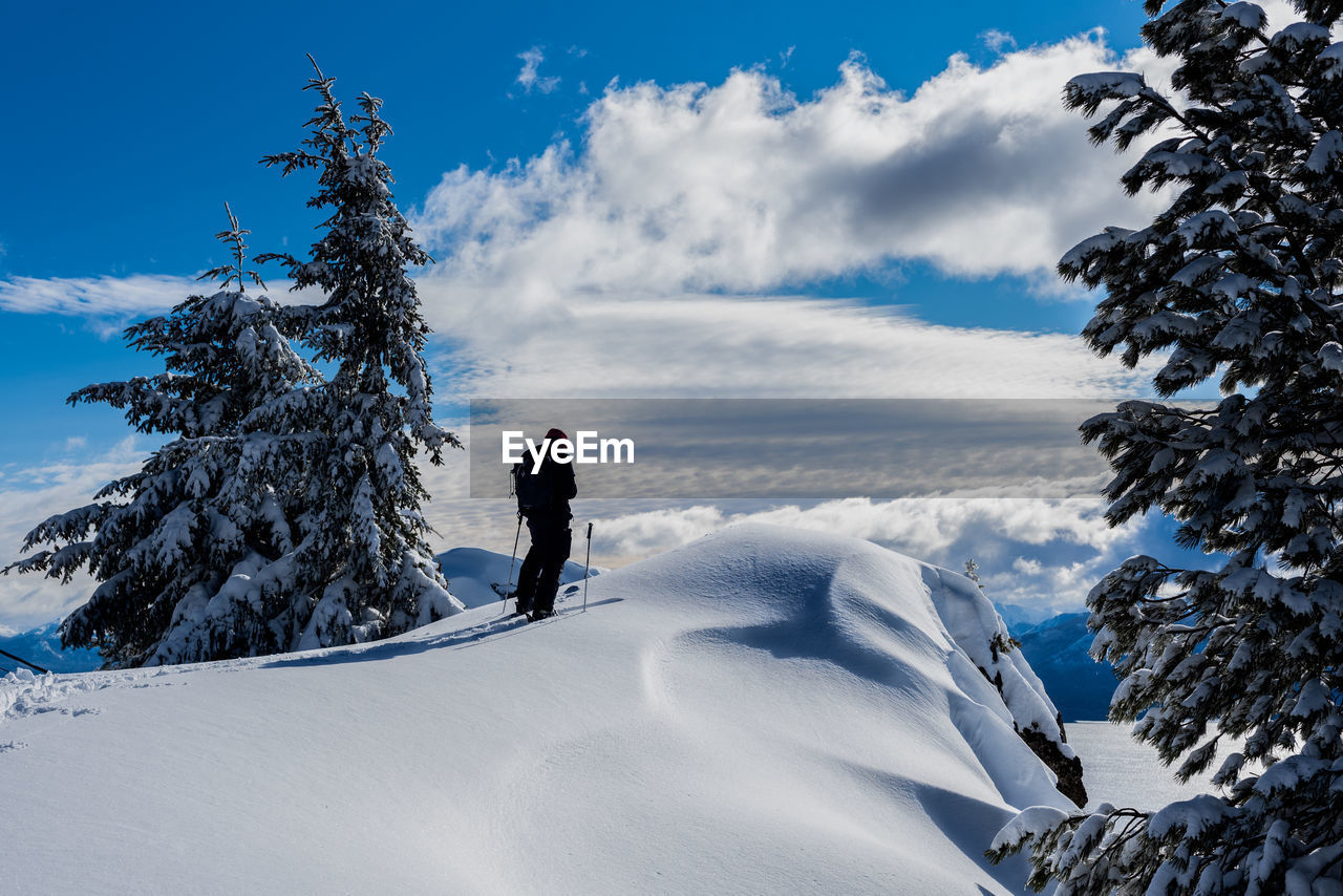 Rear view of person standing on snowcapped mountain against sky