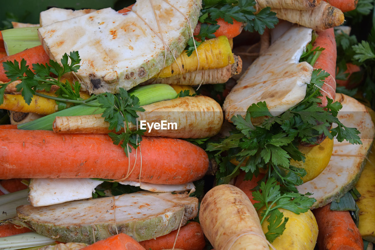 High angle view of various vegetables for sale at market