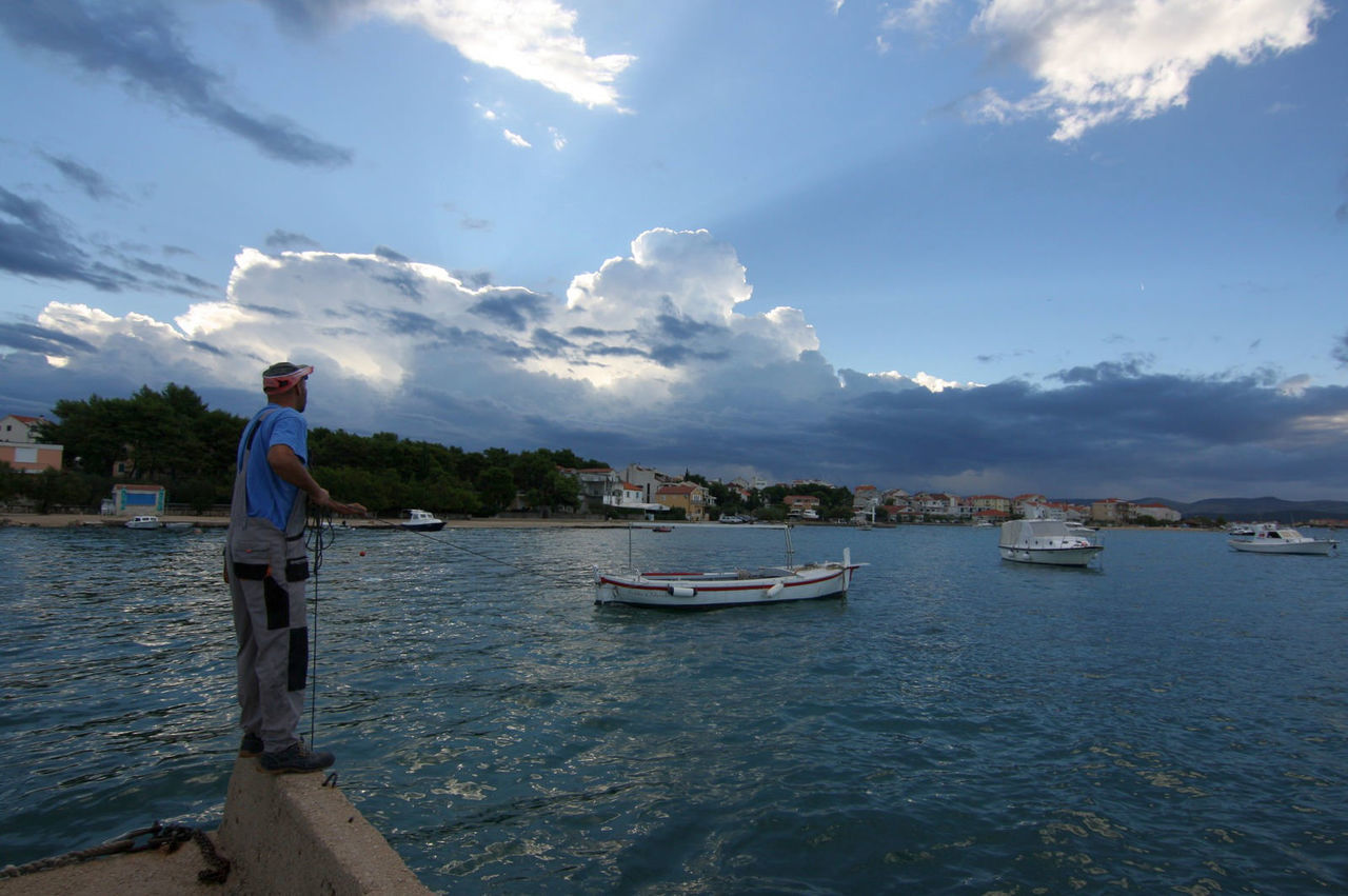 MAN STANDING ON LAKE AGAINST BLUE SKY