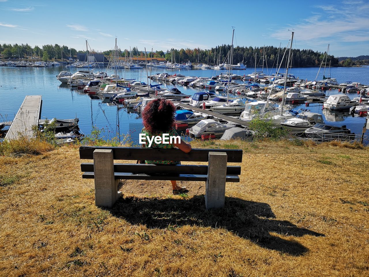 Rear view of woman sitting on bench at harbor