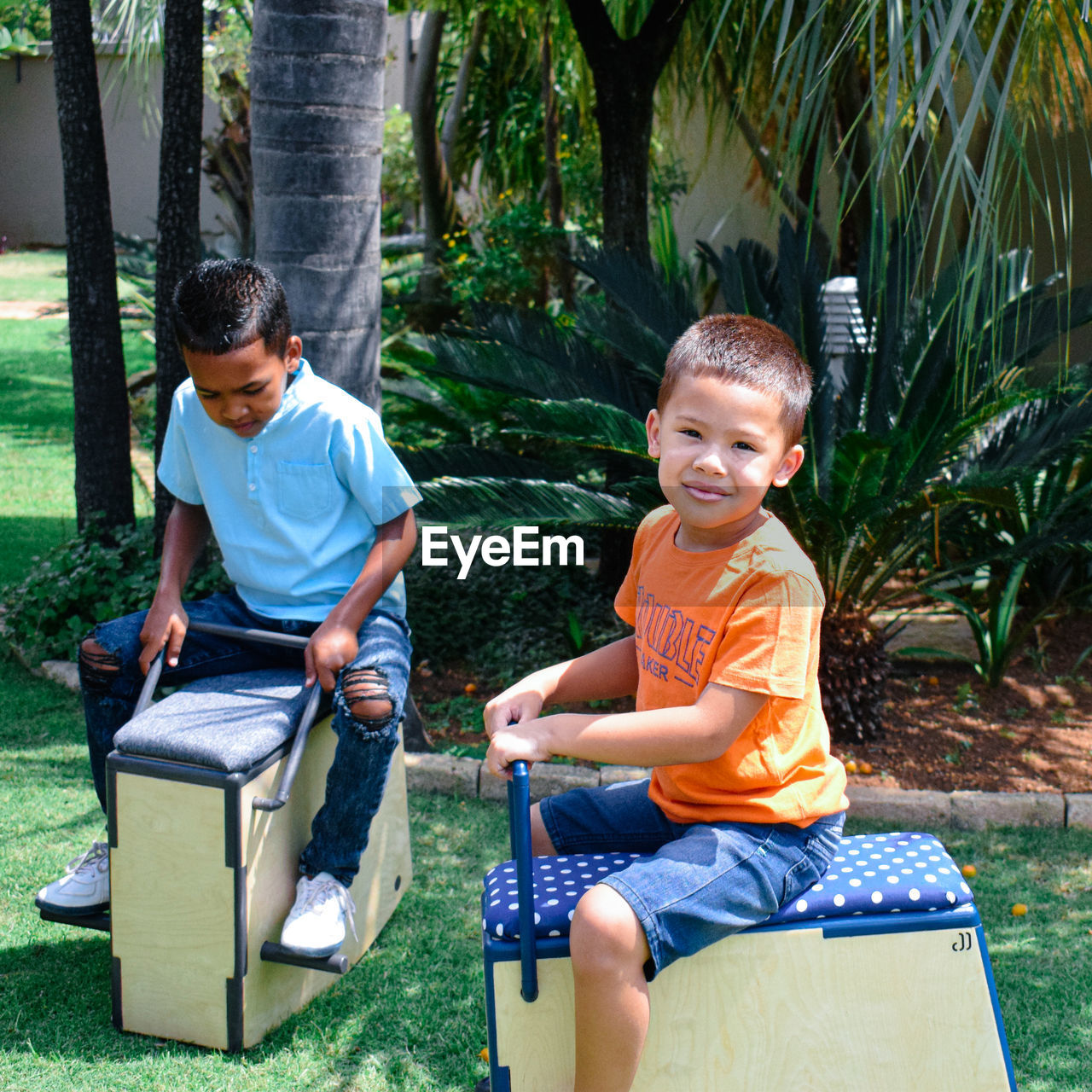 Portrait of boy sitting on rocking horse at backyard