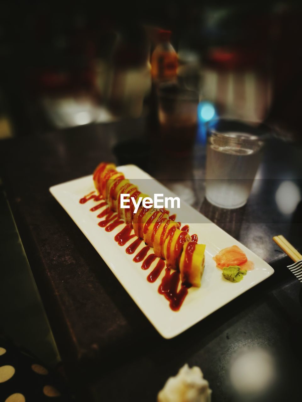 High angle view of food served in plate on table