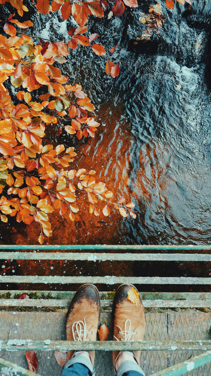 Low section of man standing on bridge over river during autumn