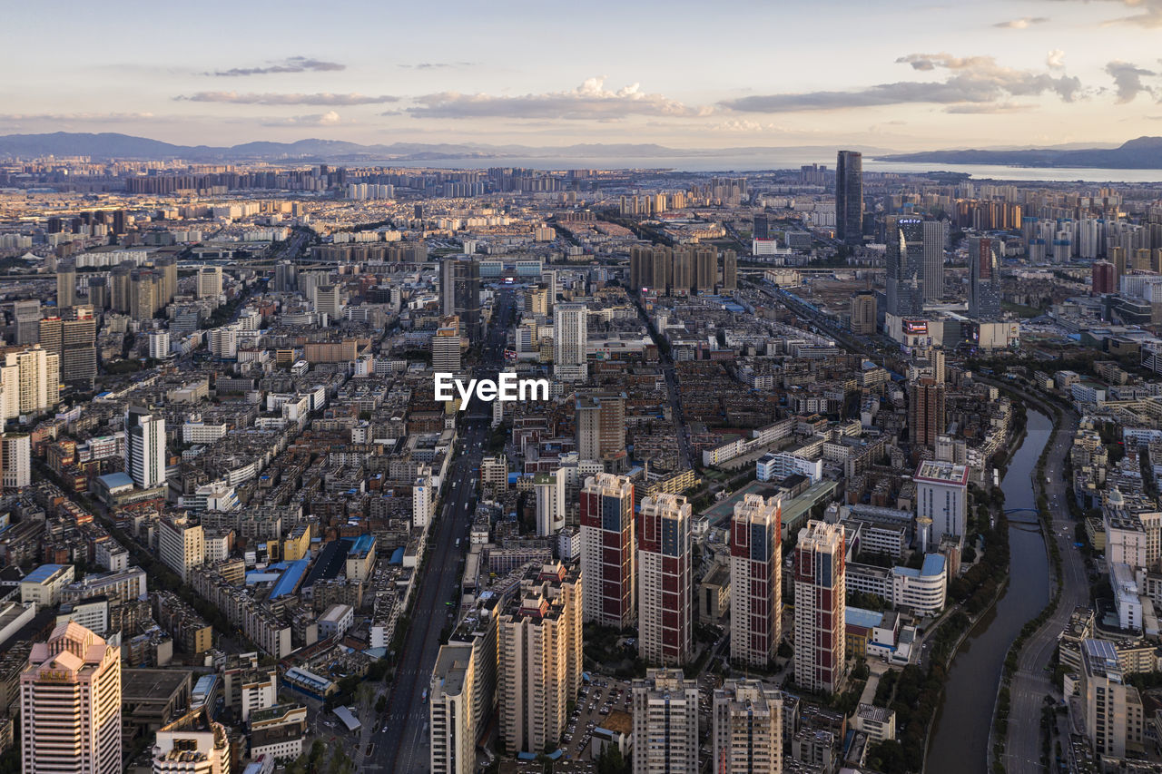 High angle view of buildings in city