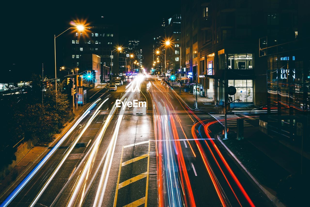 Light trails on road at night