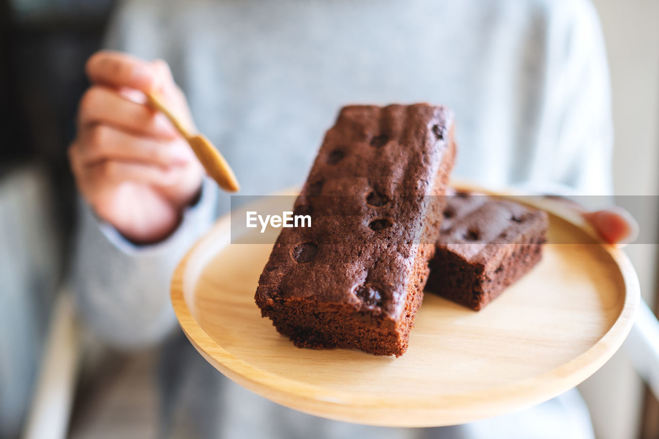 Midsection of person holding dessert in plate