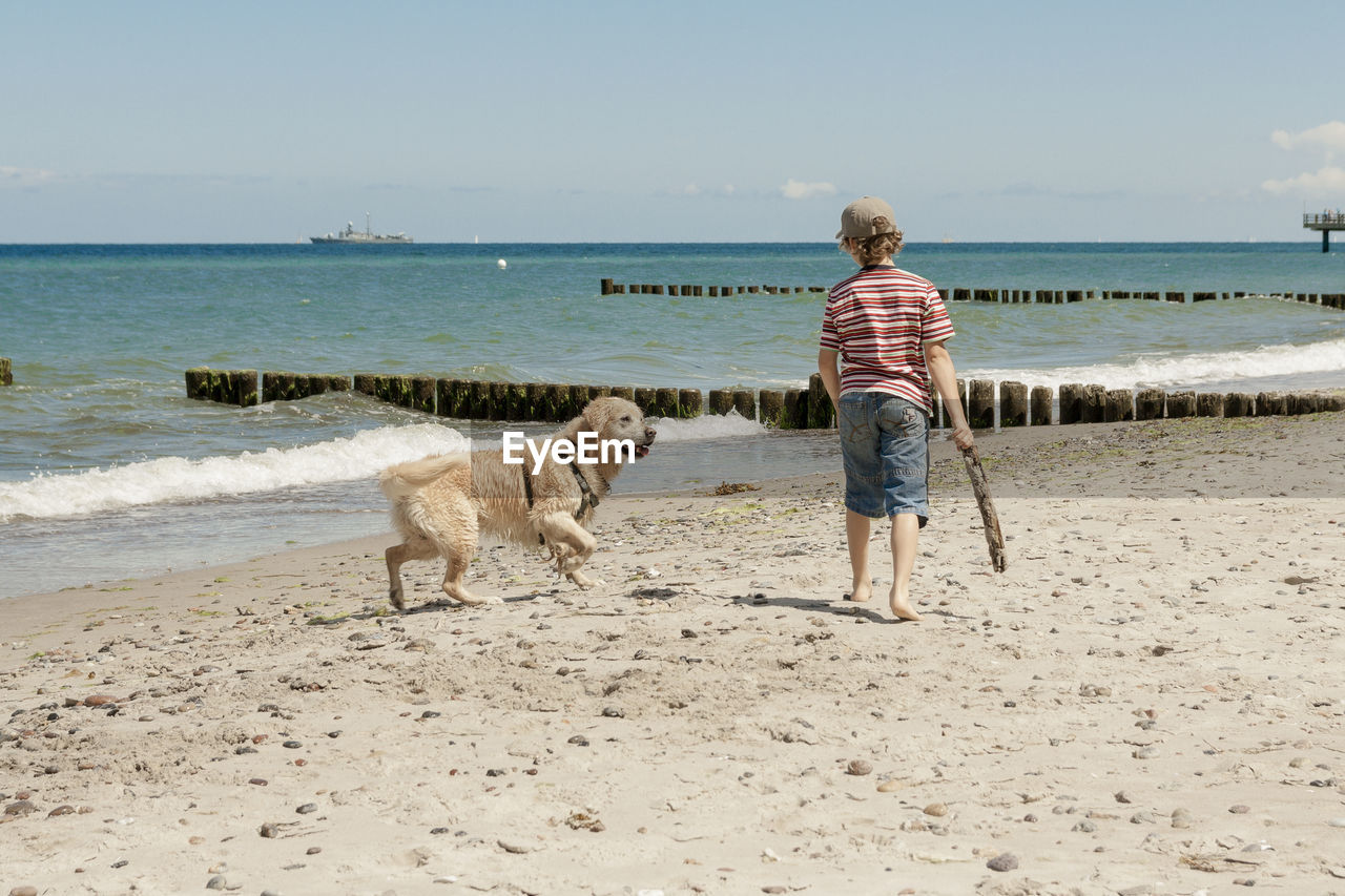 Rear view of boy with dog walking at beach against sky