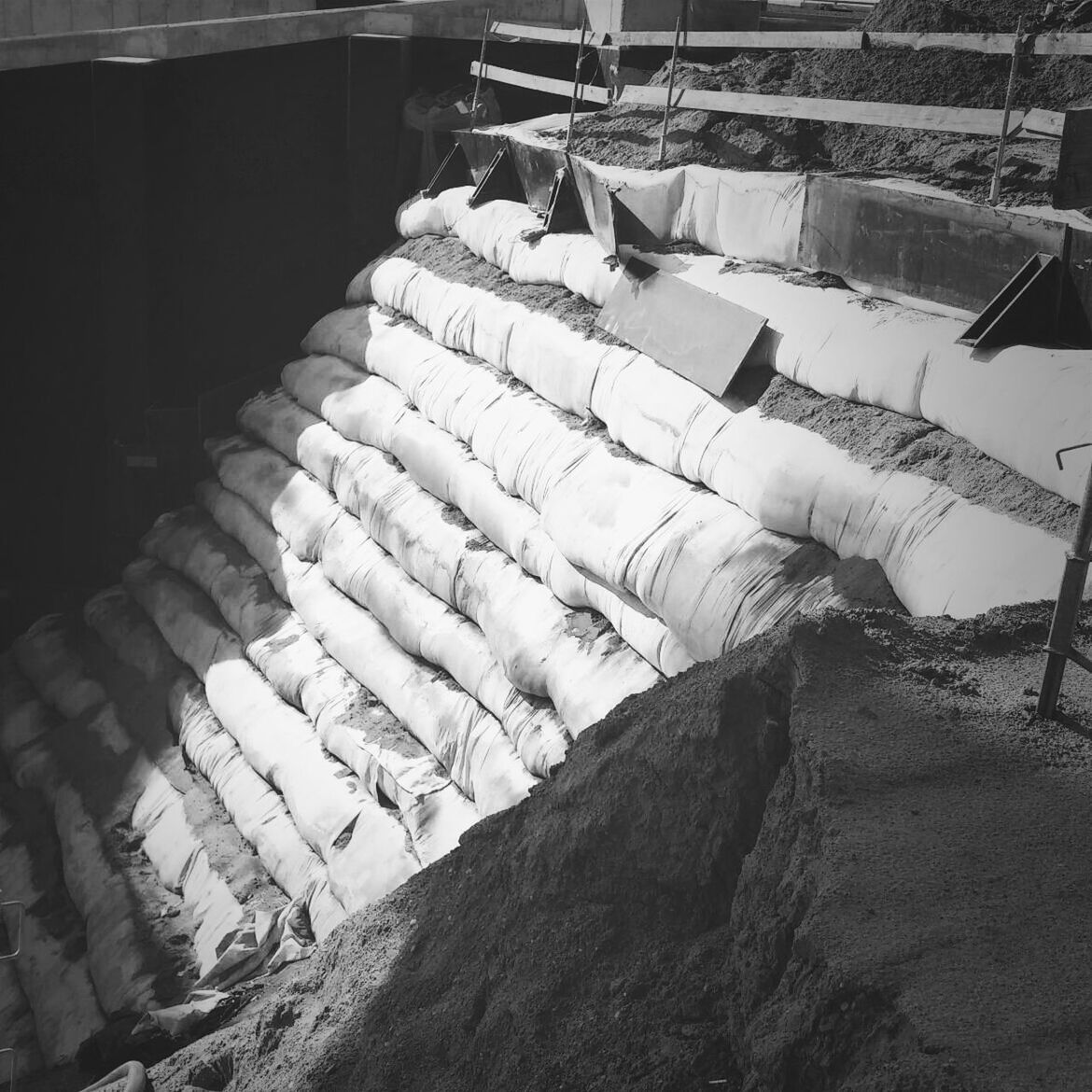 Heap of sandbags at construction site