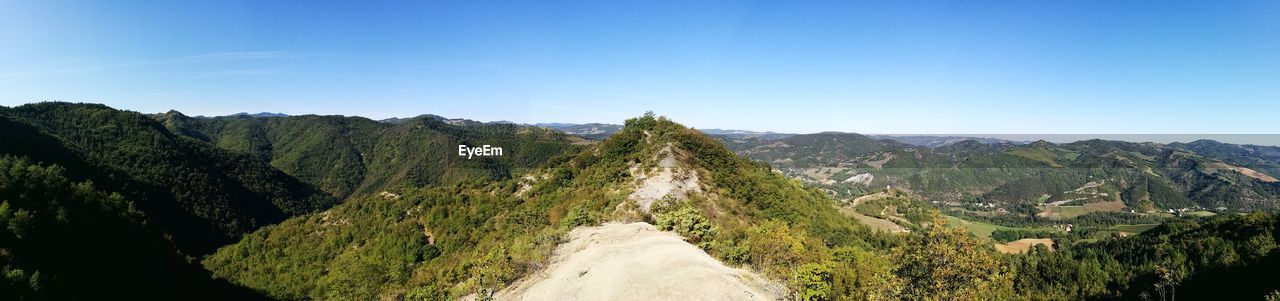 Panoramic view of green landscape against clear blue sky