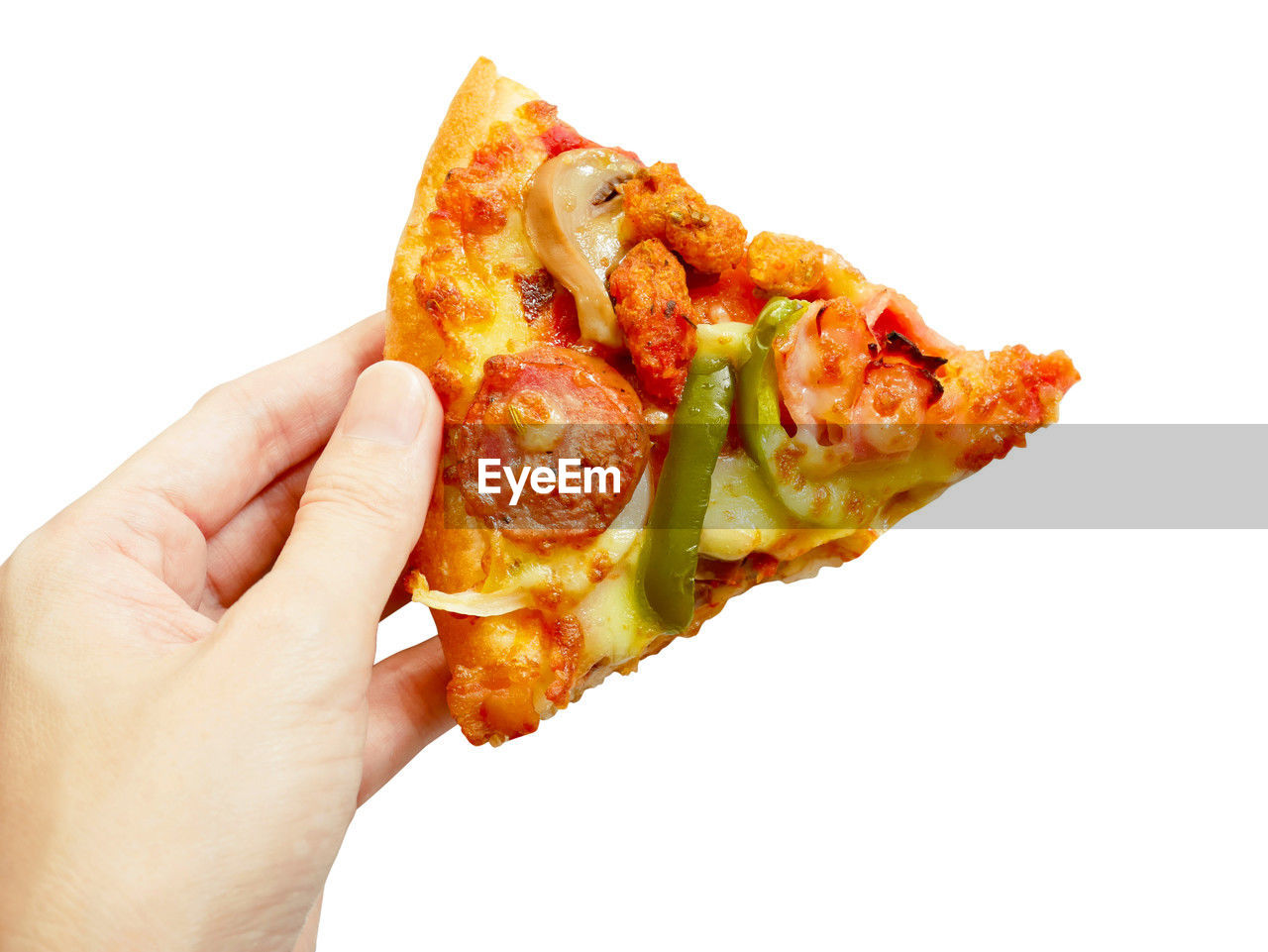 hand, fast food, food and drink, food, dish, white background, cuisine, one person, unhealthy eating, cut out, holding, pizza, baked, freshness, junk food, produce, studio shot, meat, finger, snack, close-up, meal, take out food, indoors, personal perspective, copy space, fast food restaurant, eating, vegetable