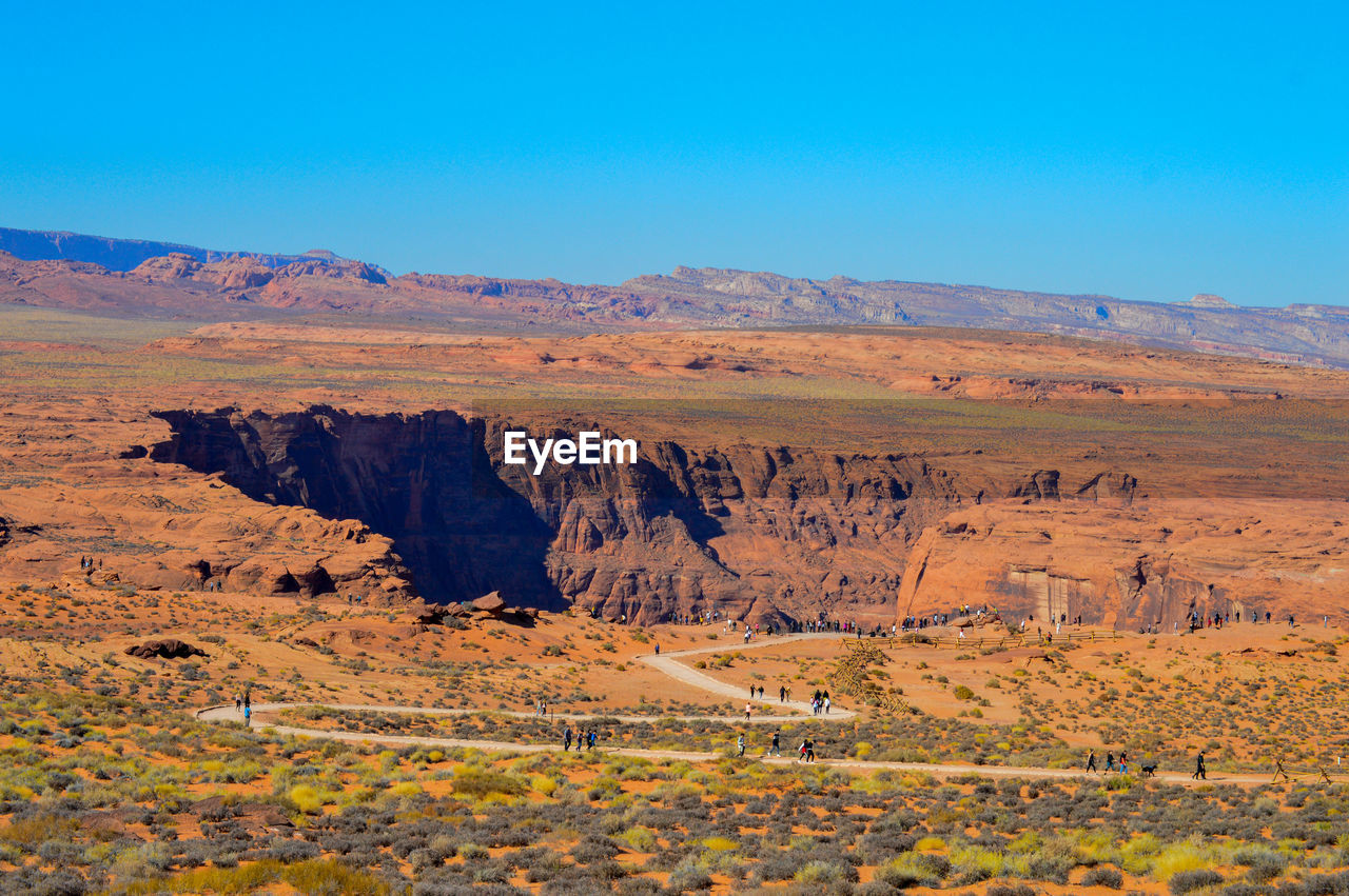 Scenic view of landscape against clear blue sky in arizona.