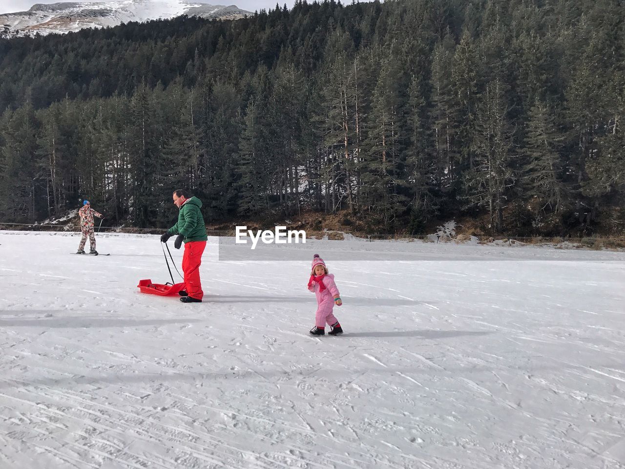 Family enjoying at snow covered field against trees