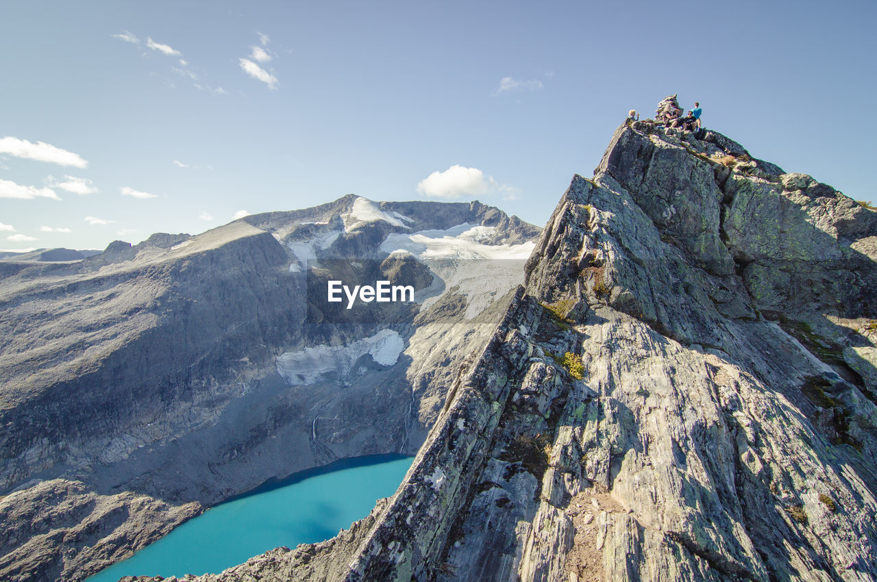 High angle view of lake along rocky landscape