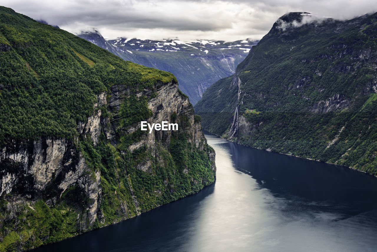 SCENIC VIEW OF RIVER FLOWING AMIDST MOUNTAINS