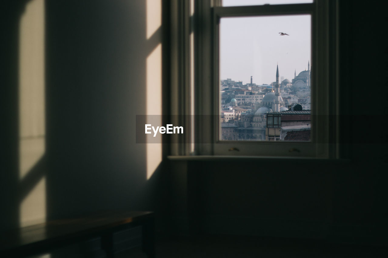 Blue mosque seen through window