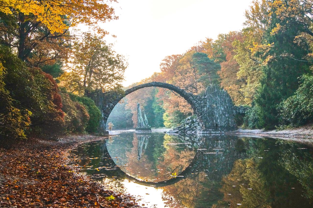 Reflection of trees in lake against clear sky during autumn