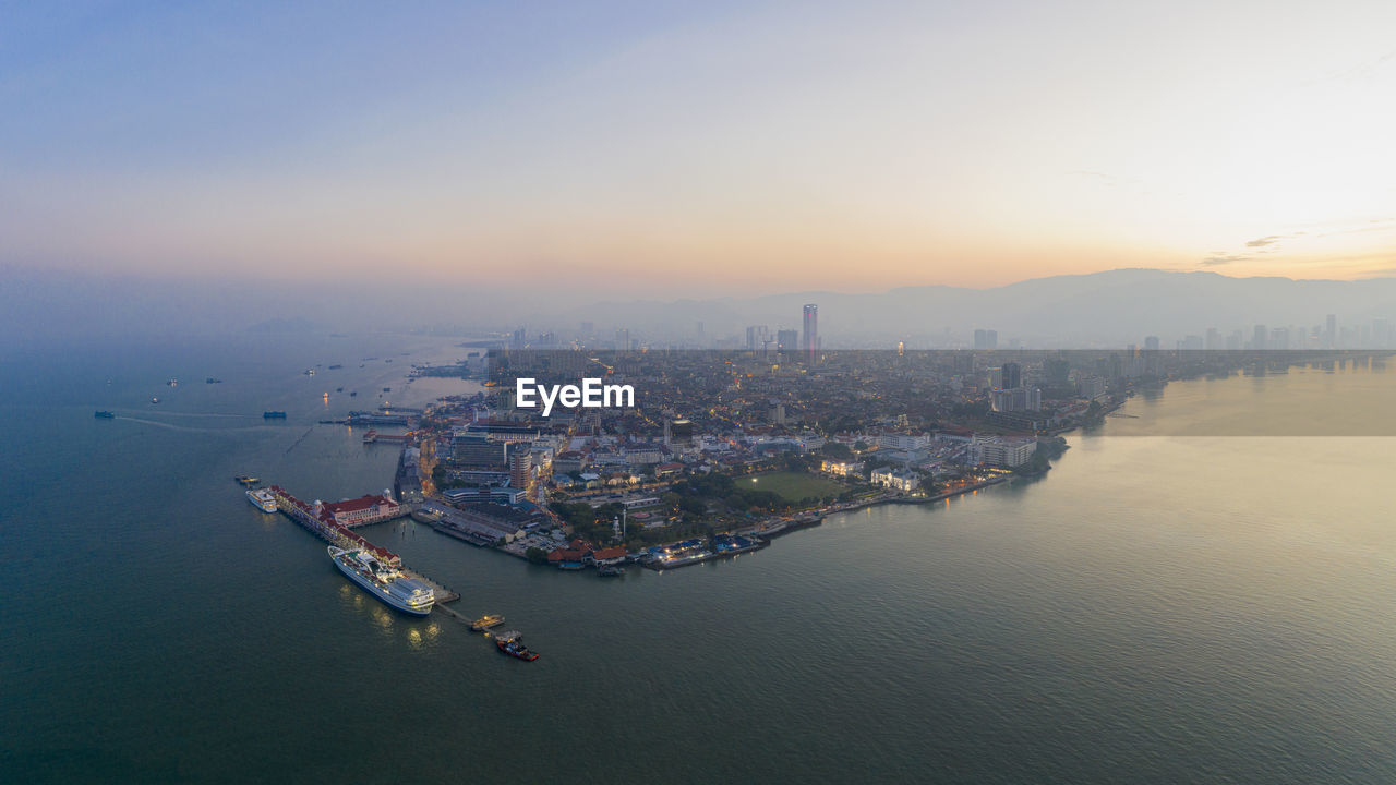 High angle view of city at waterfront