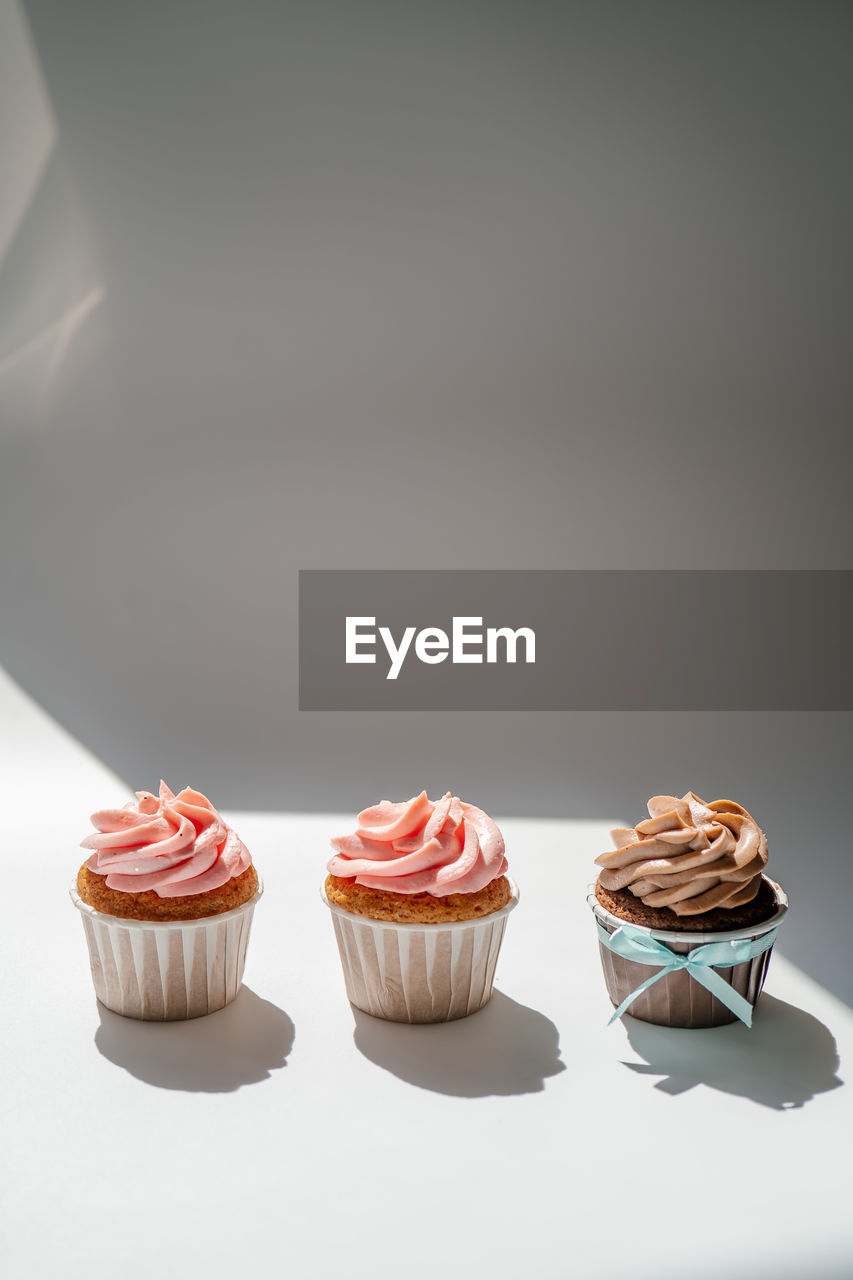 Cupcakes on a white sunny background with a shadow.