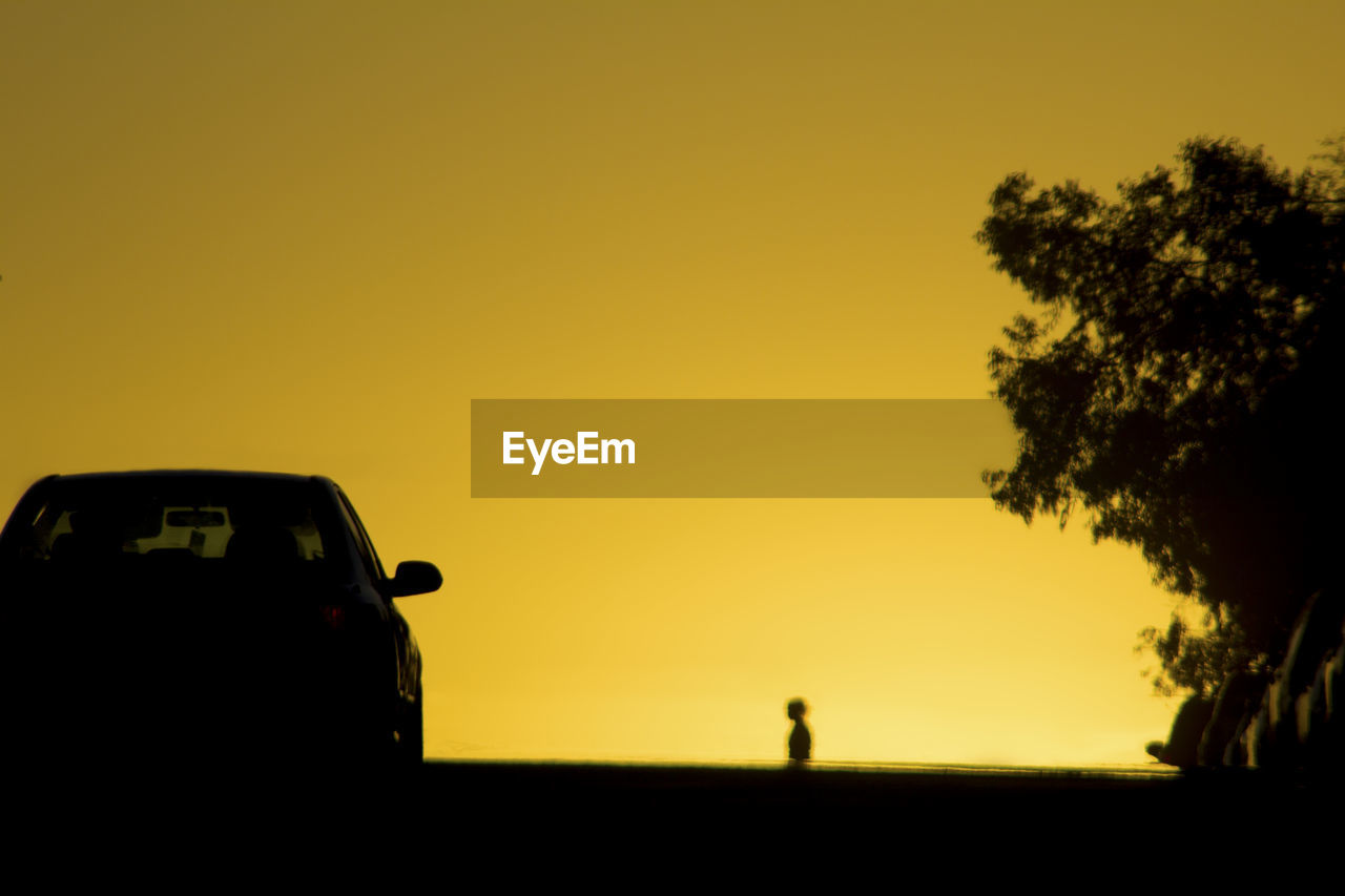 Silhouette man by car against orange sky