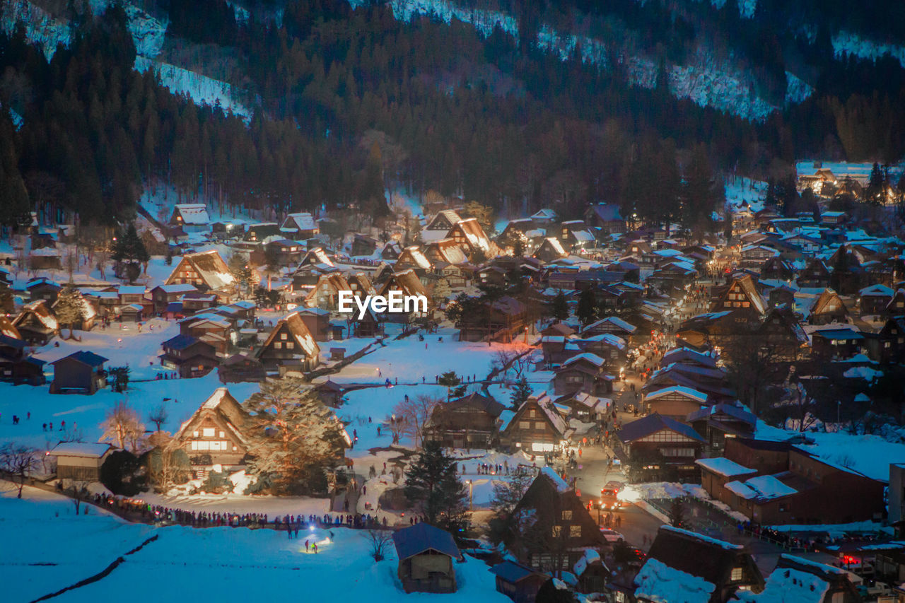HIGH ANGLE VIEW OF ILLUMINATED TREES AND BUILDINGS AT NIGHT