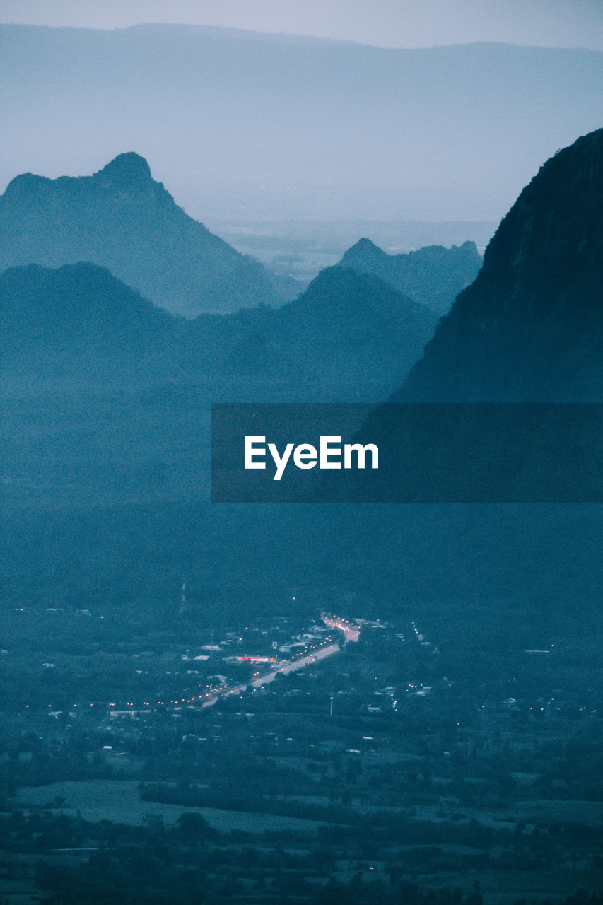 High angle view of mountains against sky