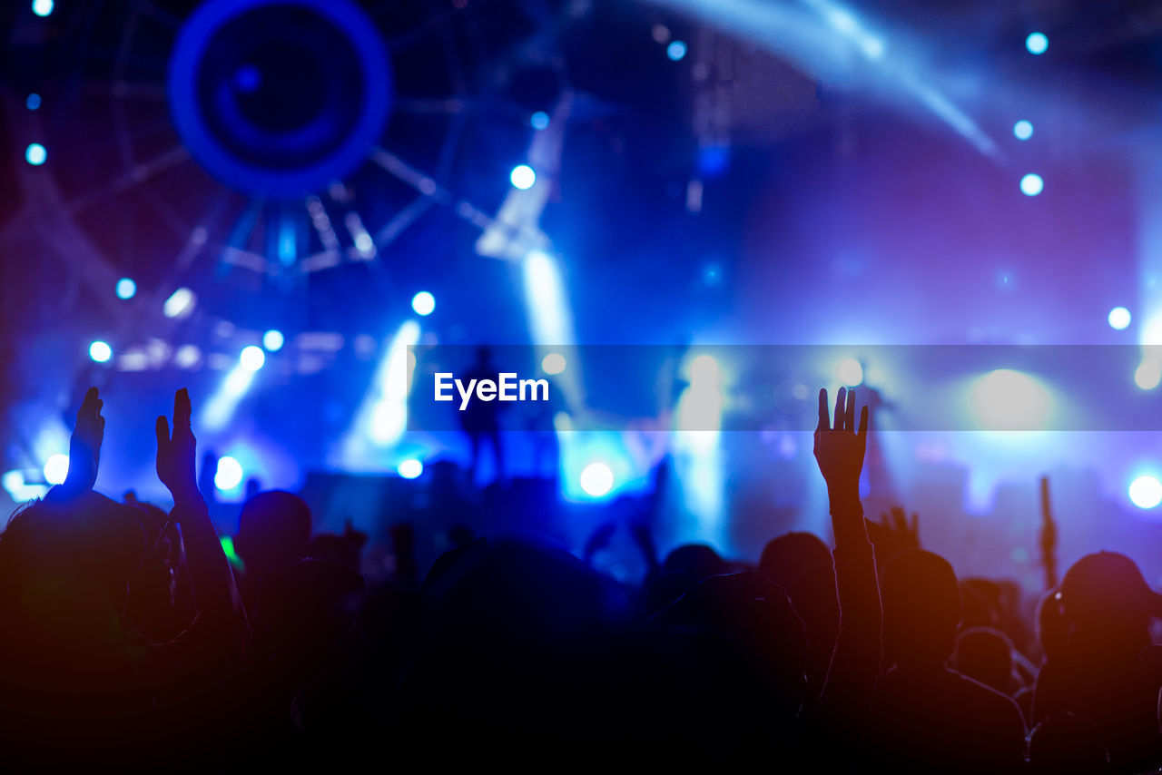 Crowd with arms raised enjoying at music concert