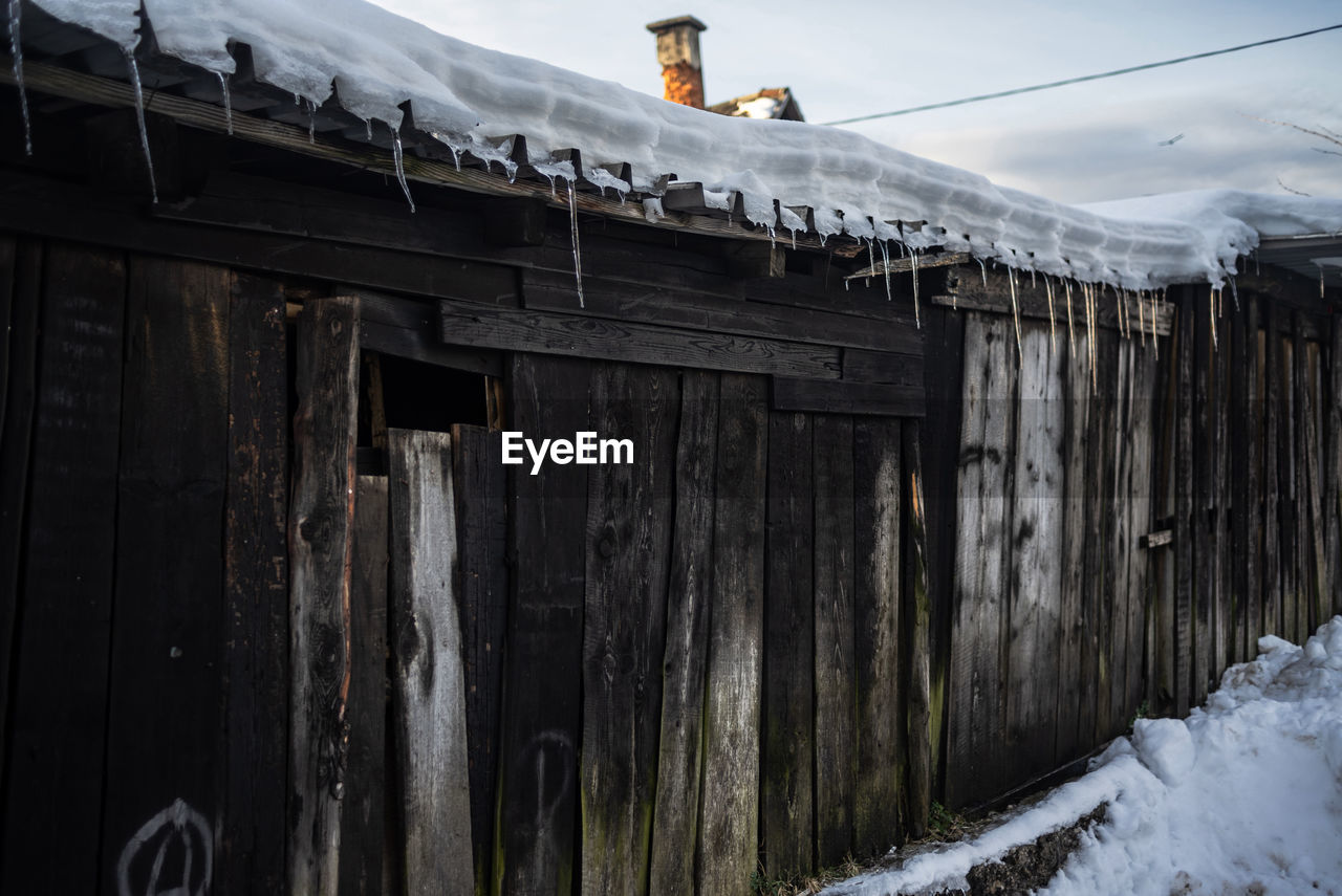 ICICLES ON ROOF OF BUILDING AGAINST SNOW COVERED LANDSCAPE