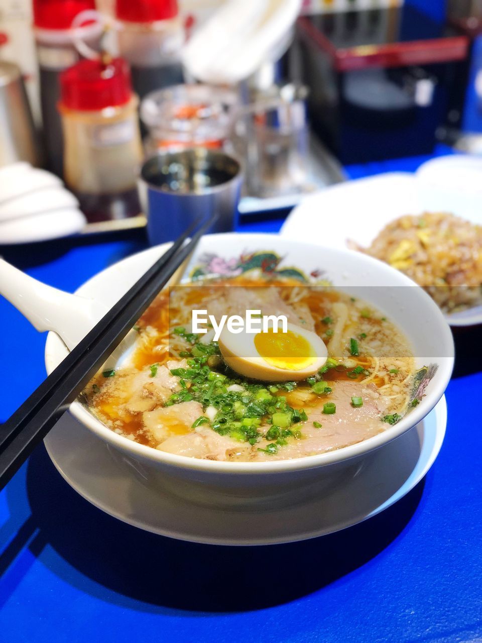 Close-up of soup served on table