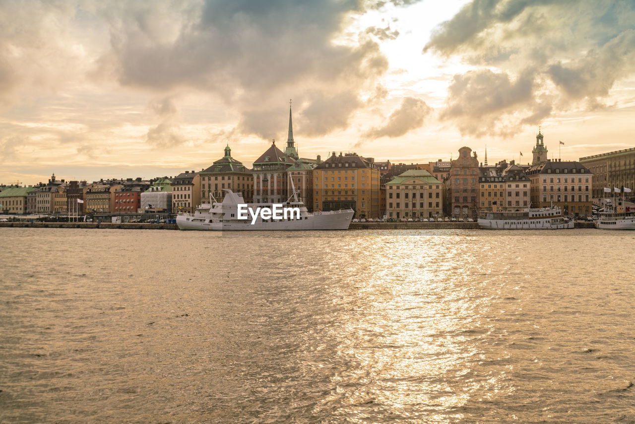 View of skyline of gamla stan by sunset in stockholm in summer