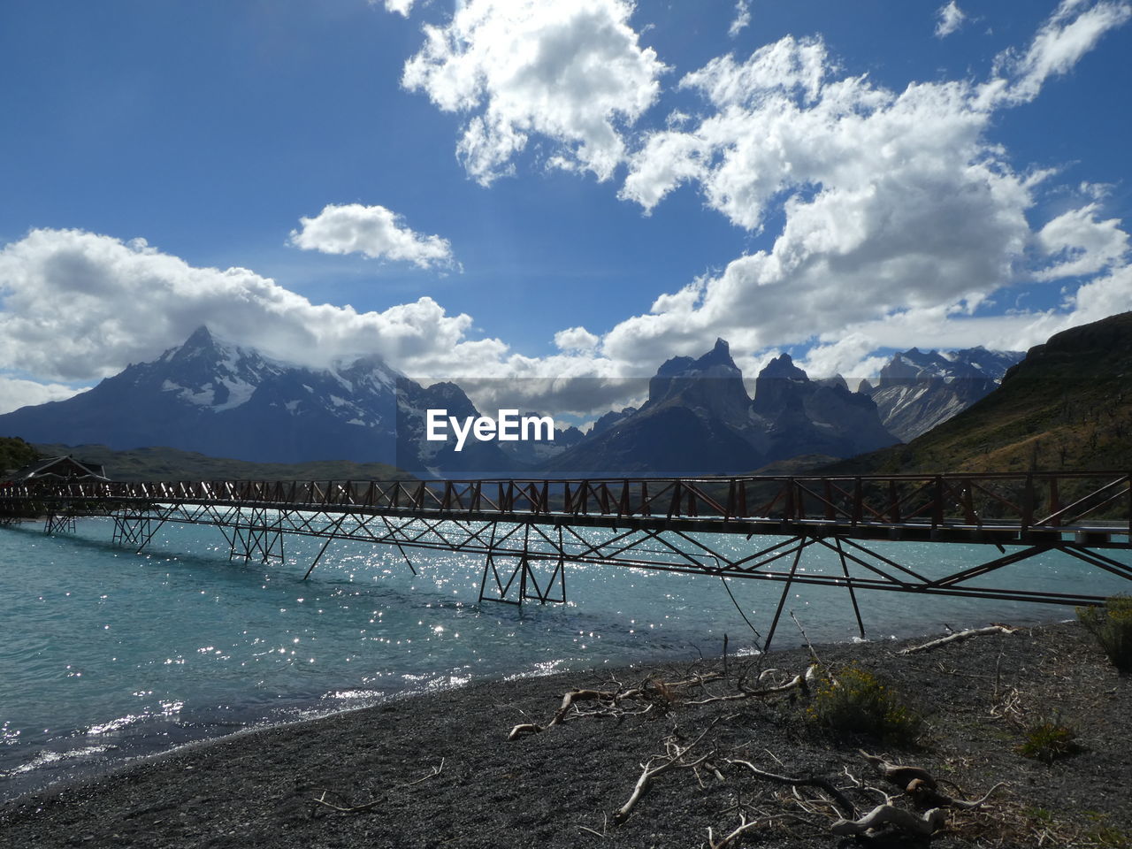 Scenic view of lake by mountains against sky