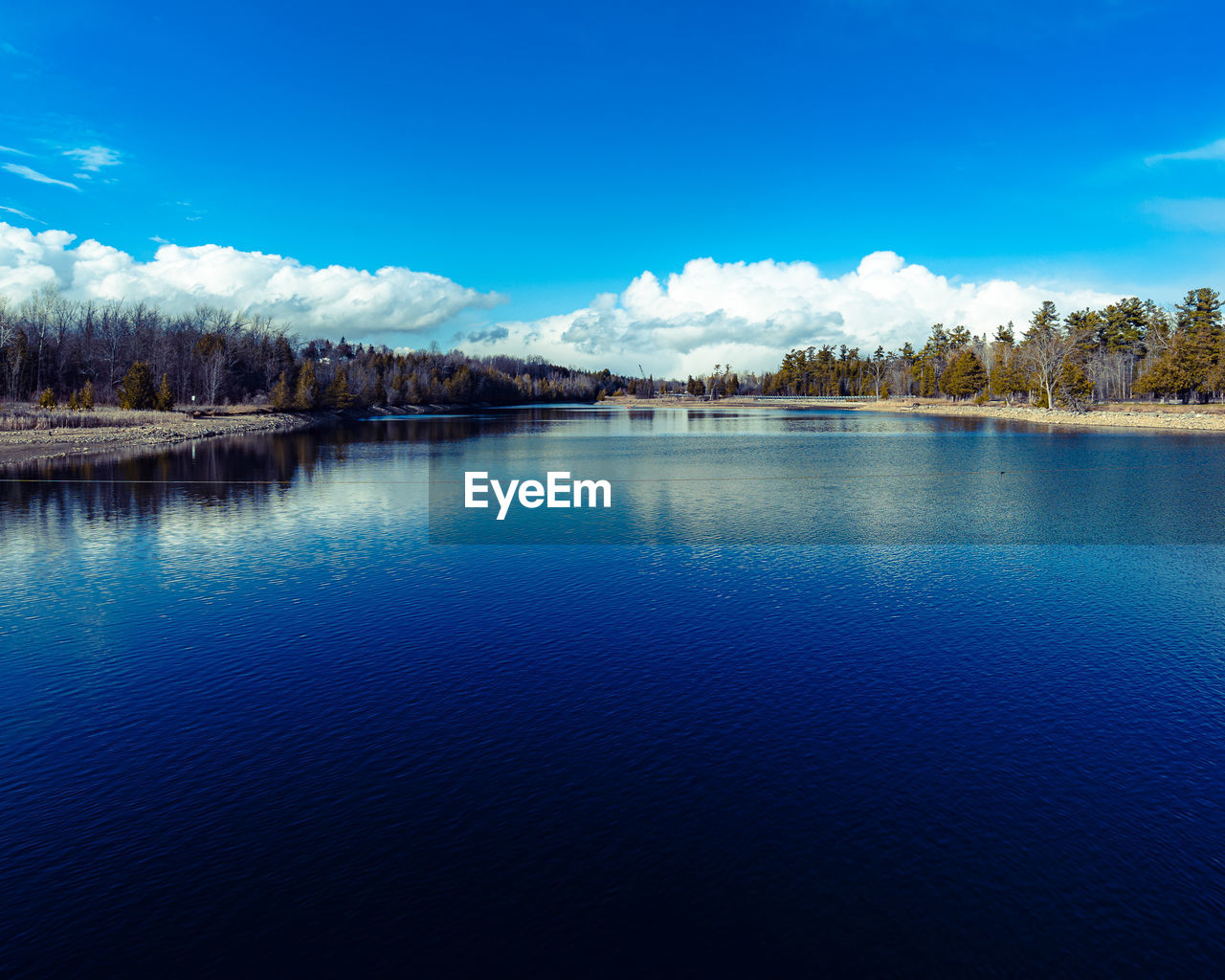 SCENIC VIEW OF LAKE AND TREES AGAINST BLUE SKY