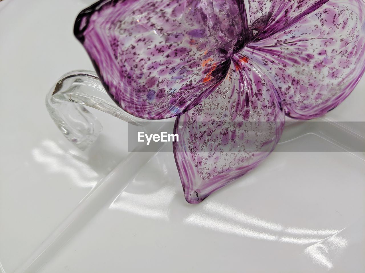 HIGH ANGLE VIEW OF PURPLE FLOWER ON TABLE