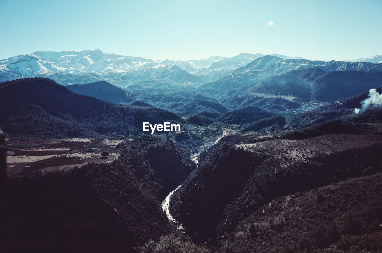 Aerial view of mountains against clear sky