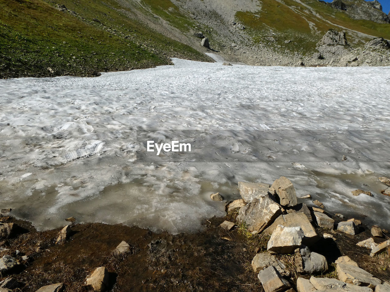 HIGH ANGLE VIEW OF STREAM BY SEA