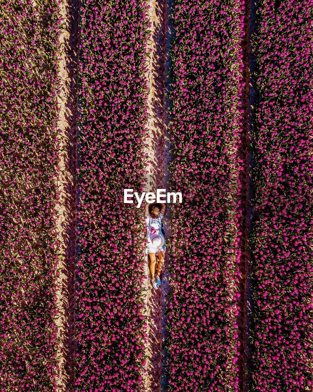 Aerial view of woman lying down on field 