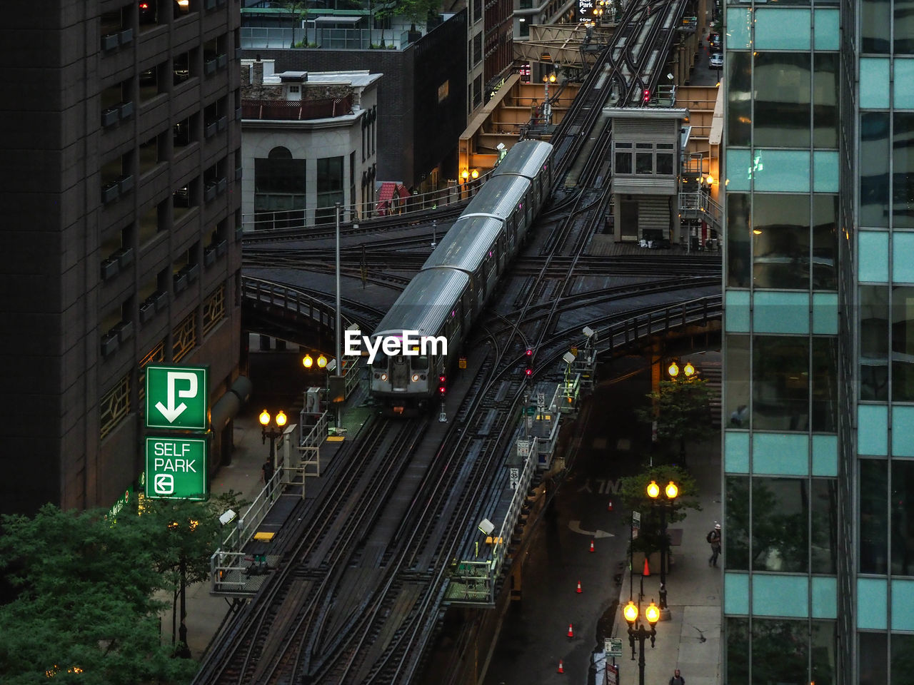 High angle view of subway amidst buildings in city