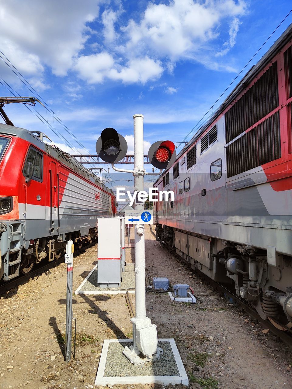 Train on railroad tracks against sky