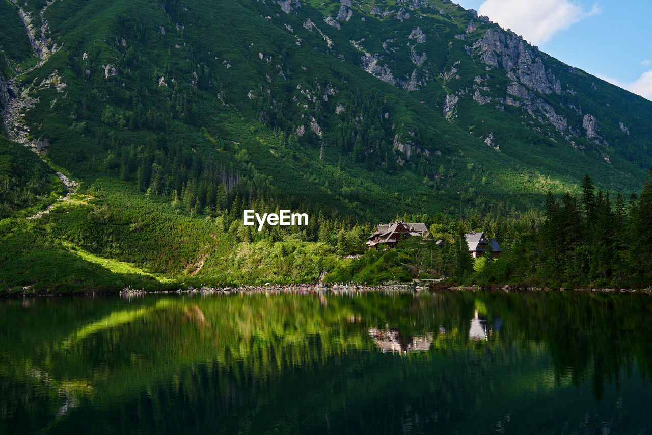 Cabin in mountains with green forest near lake