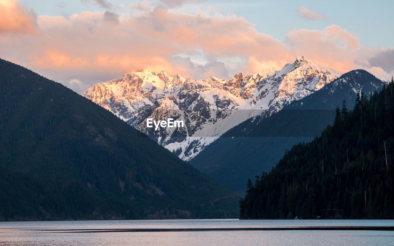 Scenic view of snowcapped mountains against sky during sunset