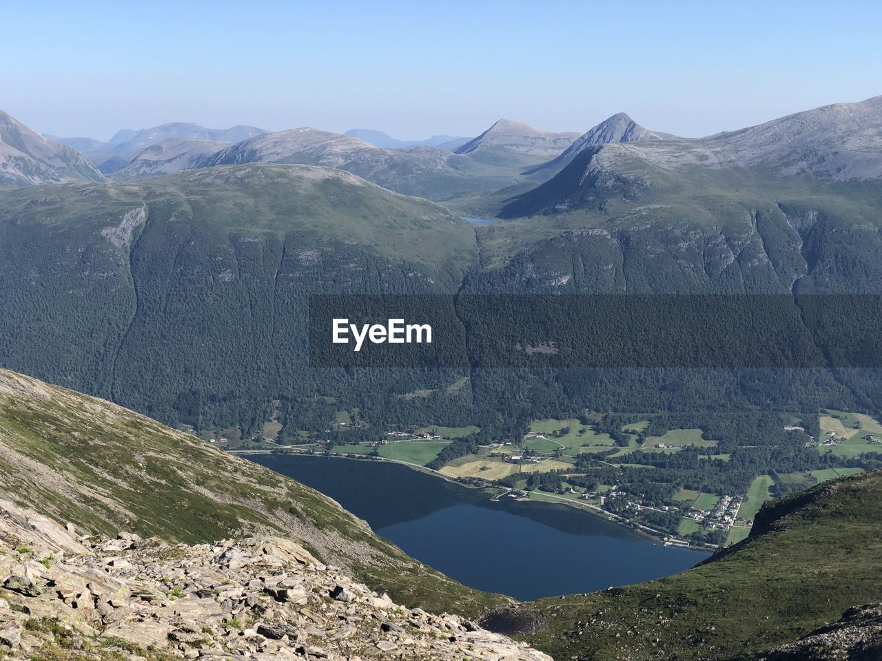 Scenic view of lake and mountains against sky