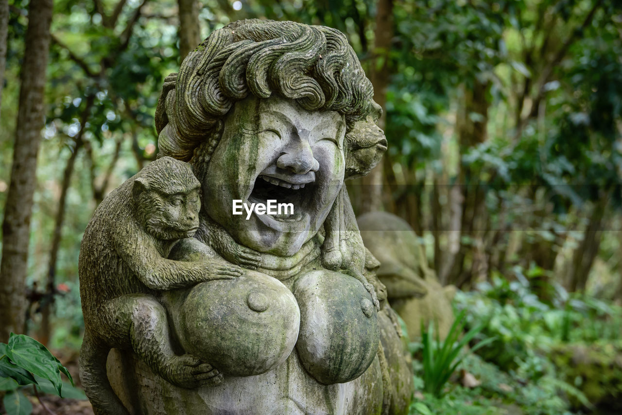 Close-up of old statue against plants at monkey forest