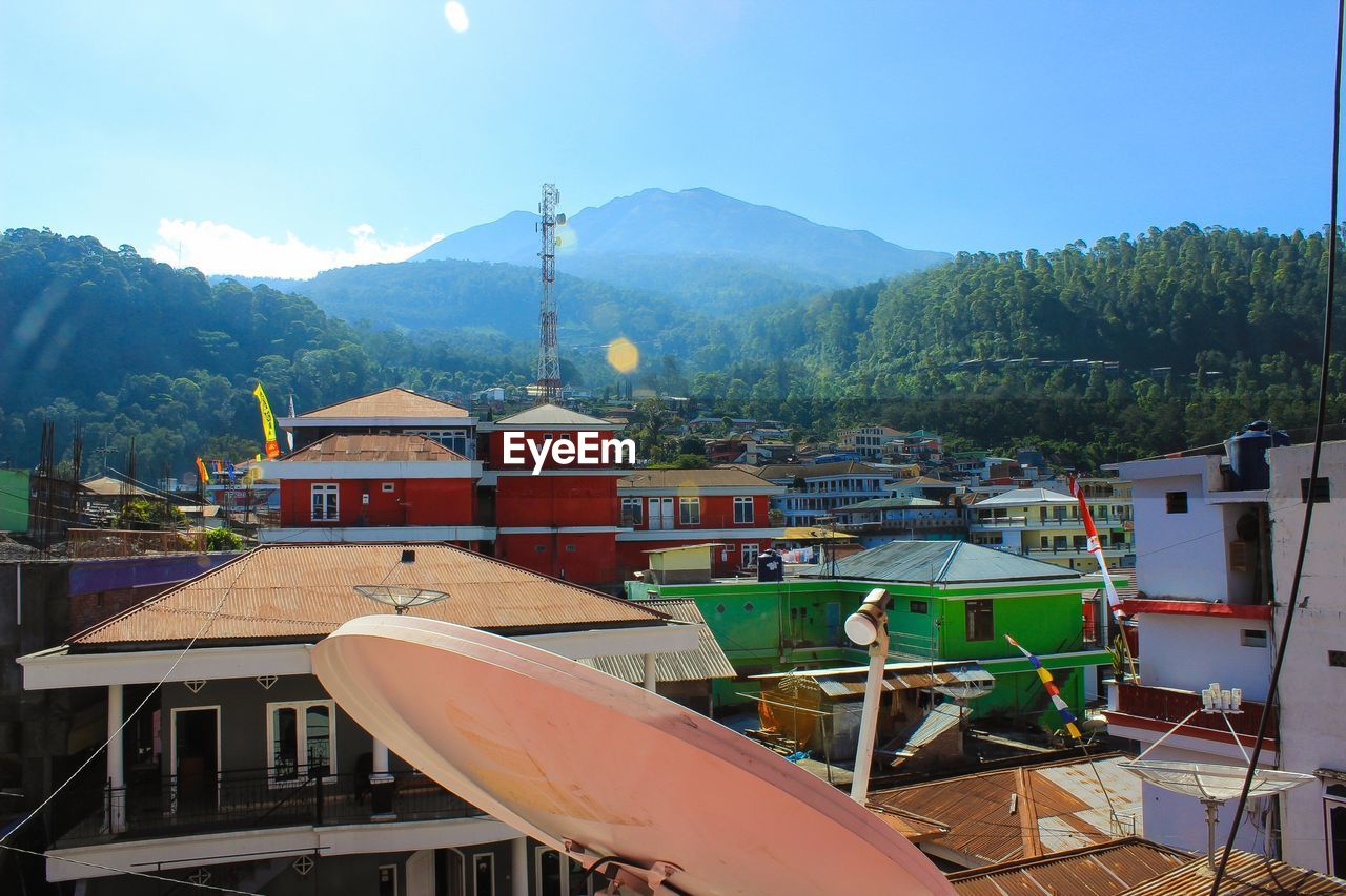 High angle view of houses against mountains